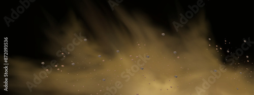 Vector background of a sand explosion with dirt and cloud smoke. Brown sandstorm splash and  dirty ground with a textured wind effect.Yellow flying particles and stone.