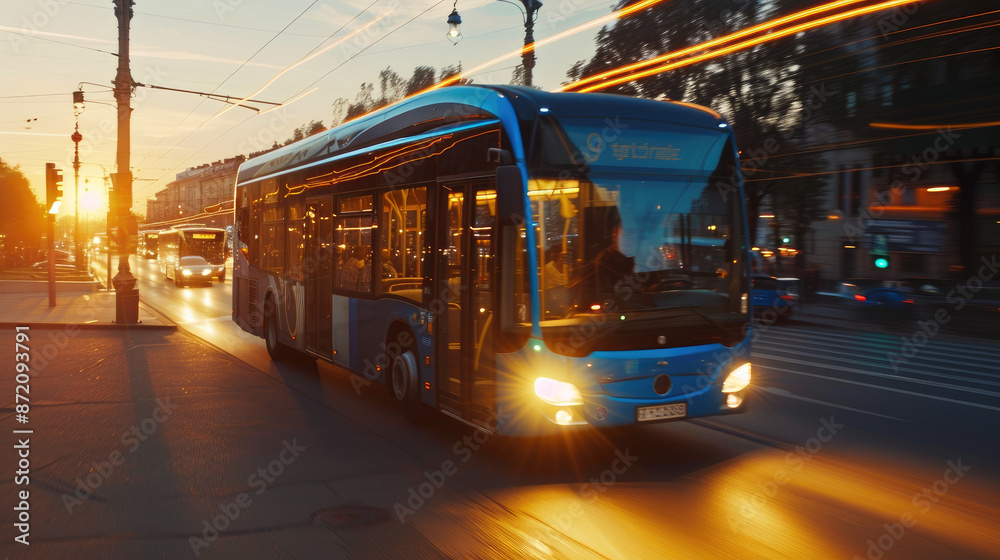 Urban Tranquility: City Bus in Motion at Golden Hour Urban Tranquility: City Bus in Motion at Golden Hour