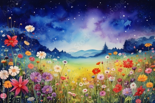 Summer field at night with colorful blooming wildflowers, starry night, watercolor illustration © lattesmile