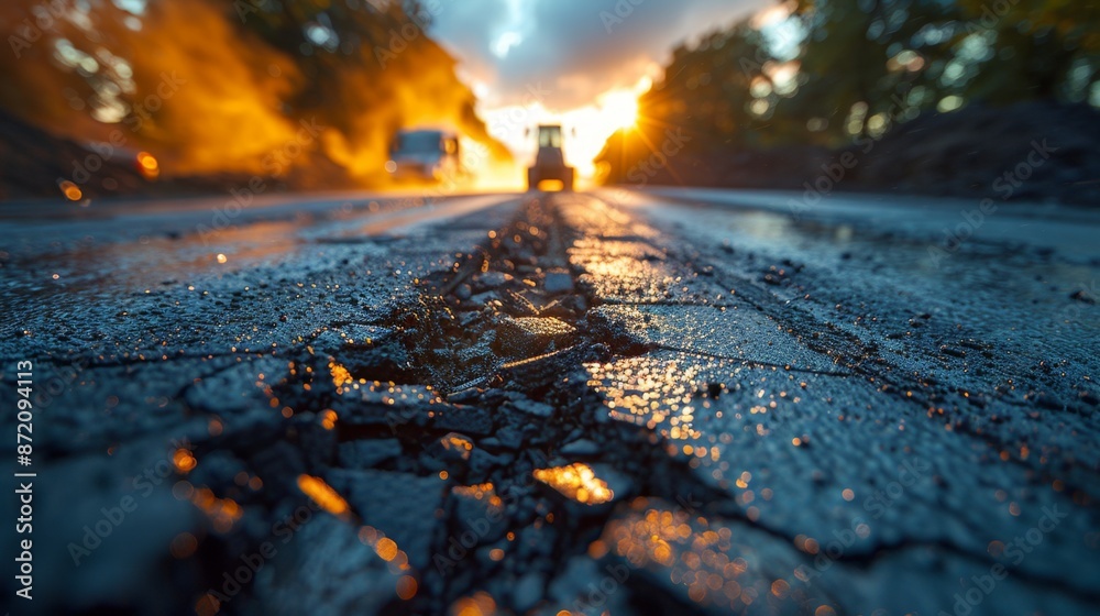 Dramatic Sunset over a Cracked Asphalt Road - Generative AI Dramatic Sunset over a Cracked Asphalt Road - Generative AI