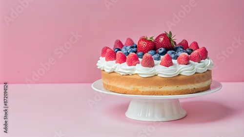 berry chantilly cake a vanilla cake layered in studio background with high detailing