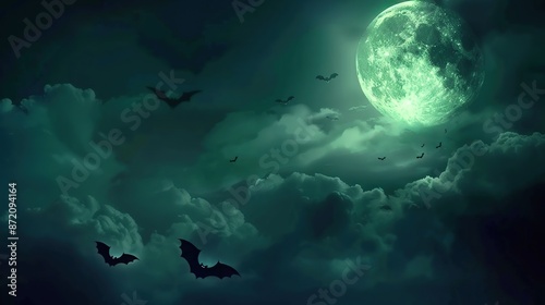 Halloween Night Sky with Bats and Green Moon