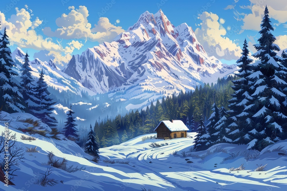 Fototapeta premium Snowy Mountain Cabin Landscape