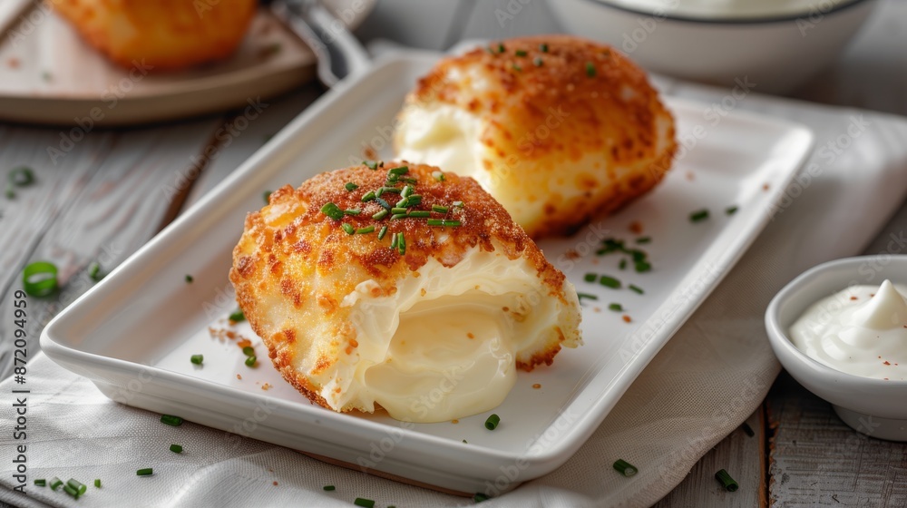 Cream croquettes are placed on a white plate. They look delicious and are used as advertising Cream croquettes are placed on a white plate. They look delicious and are used as advertising