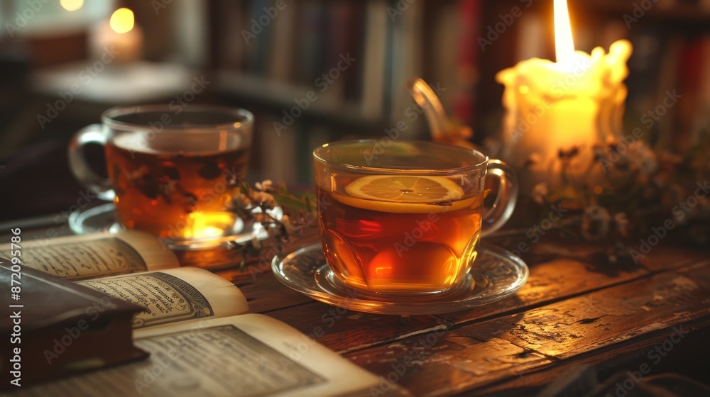 Cozy scene with two cups of tea, an open book, and a lit candle on a rustic table in a library setting. Cozy scene with two cups of tea, an open book, and a lit candle on a rustic table in a library setting.