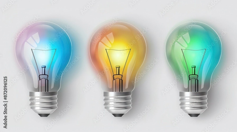LED light bulbs flat design top view, eco-friendly lighting, cartoon drawing, Triadic Color Scheme LED light bulbs flat design top view, eco-friendly lighting, cartoon drawing, Triadic Color Scheme