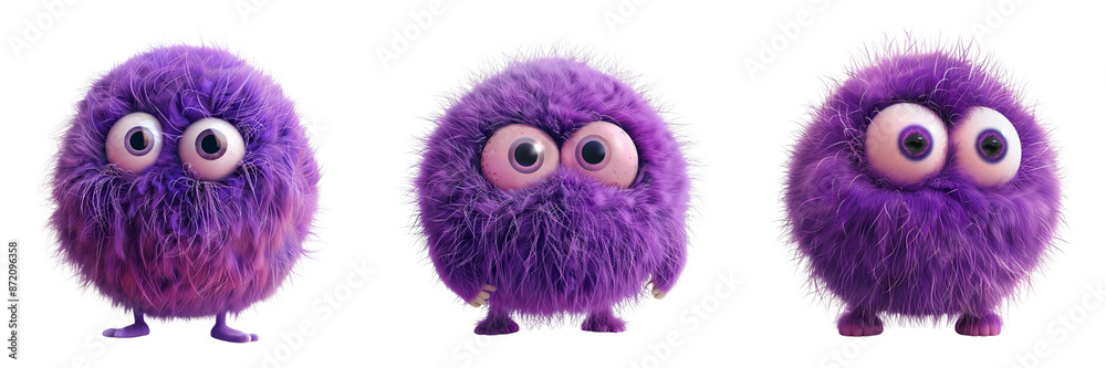 Set of A cute purple fur ball monster with tiny hands and feet on transparent png background Set of A cute purple fur ball monster with tiny hands and feet on transparent png background