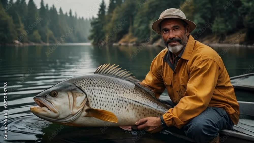 Fisherman Holding a Large Fish on a Boat Fisherman Holding a Large Fish on a Boat