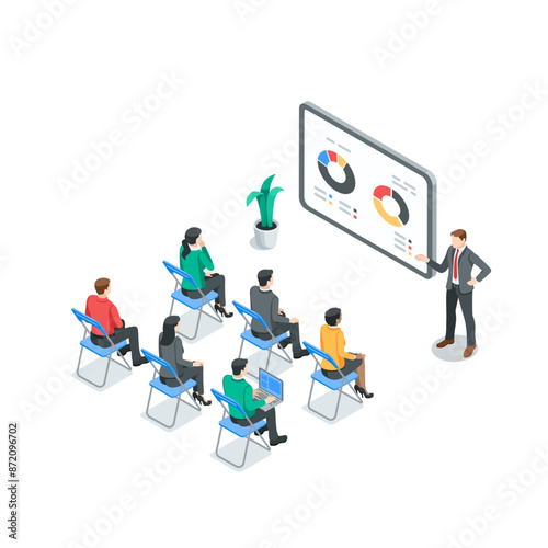 isometric vector business people at a presentation or course, in color on a white background, office work or business training