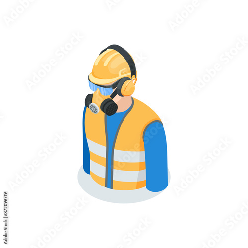 isometric vector man in a working hard hat and glasses wearing a respirator and safety headphones and a reflective vest, in color on a white background, working protective gear