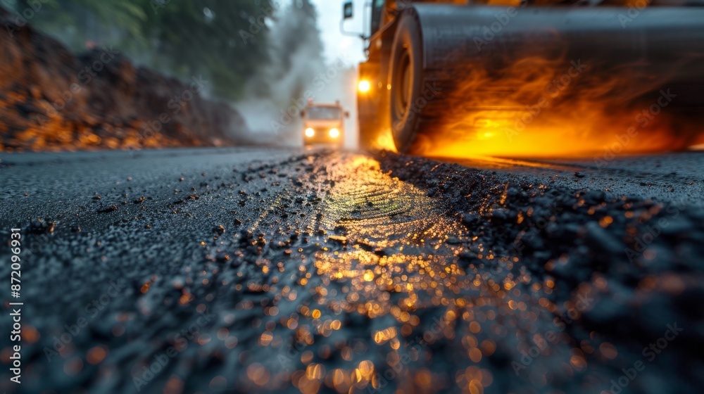 Road Construction at Sunset - Close-up of Steamroller on Fresh Asphalt - Generative AI Road Construction at Sunset - Close-up of Steamroller on Fresh Asphalt - Generative AI