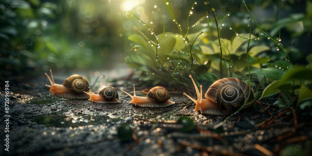 Fototapeta premium Three snails are sitting on a wet ground generated by AI
