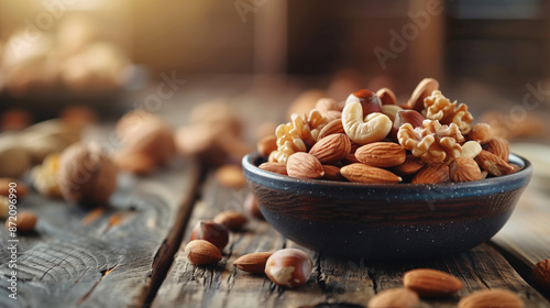 a  bowl of mixed nuts, including almonds, cashews, and walnuts, placed on a rustic wooden table with a cozy, warm ambiance photo