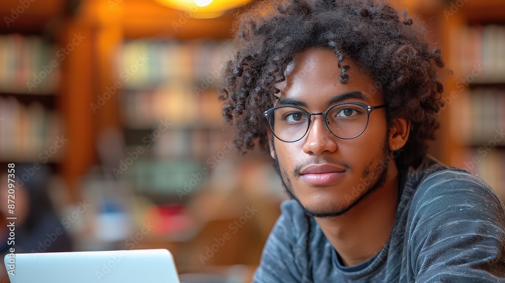 Portrait of a Concentrated Male Student in Library Portrait of a Concentrated Male Student in Library