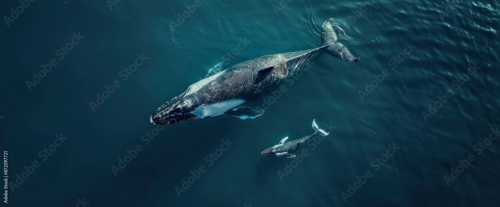 Aerial Top View Of A Whale Swimming With Its Baby In Deep Blue Seawater,High Resolution, Ultra HD Aerial Top View Of A Whale Swimming With Its Baby In Deep Blue Seawater,High Resolution, Ultra HD