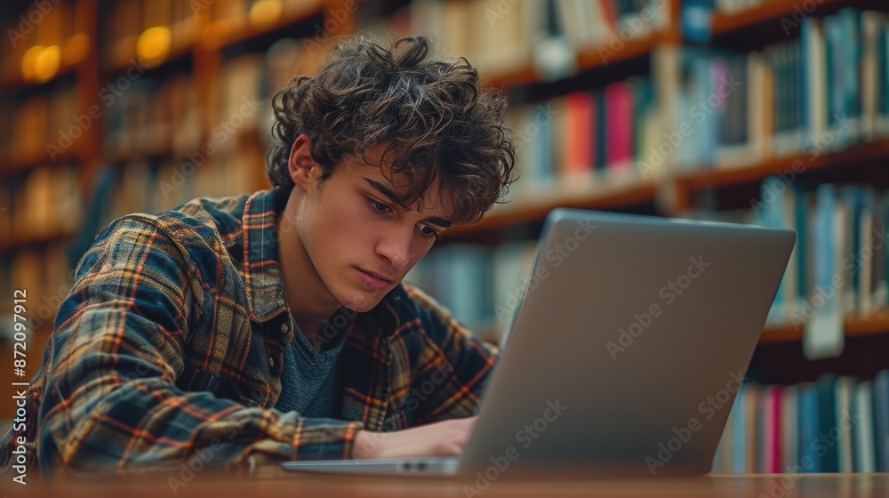 Studious Teenager Working on Laptop in Library Studious Teenager Working on Laptop in Library