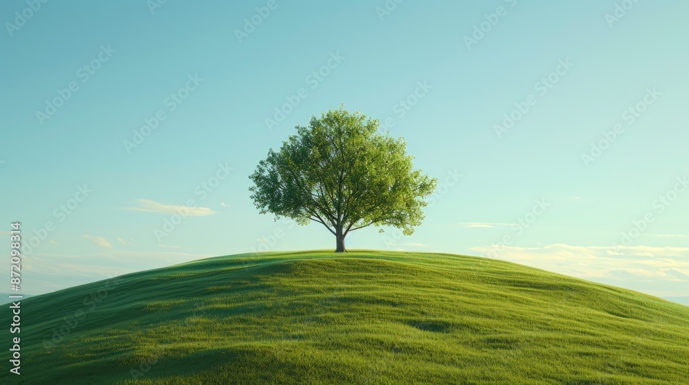 Obraz premium Nature's Serenity: Solitary Tree on Green Hill