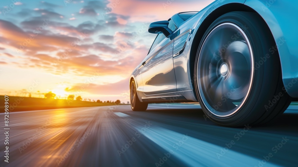 Fototapeta premium Powerful Silver Car Accelerating at Dawn