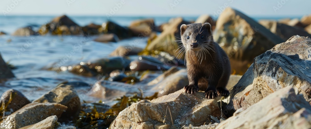 Fototapeta premium American Mink Among The Rocks On The Shores Of Lake Michigan,High Resolution, Ultra HD