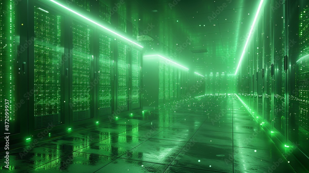Futuristic Green Data Center with Glowing Servers - Generative AI Futuristic Green Data Center with Glowing Servers - Generative AI