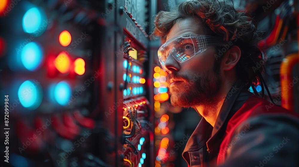 Obraz premium A Man Wearing Safety Glasses Works On A Complex Network In A Brightly Lit Data Center