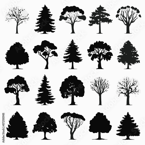 A collection of 20 distinct trees, each with its unique silhouette. These trees range from deciduous varieties with broad canopies to coniferous ones with needle-like leaves. They are positioned in a 