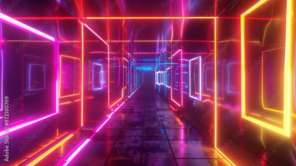 Bright neon tunnel with rotating square frames, seamless 3D animation, abstract design Bright neon tunnel with rotating square frames, seamless 3D animation, abstract design