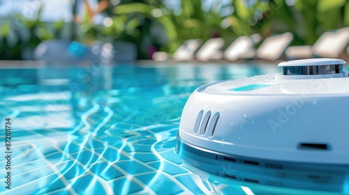 Robotic pool cleaner with futuristic design cleaning the swimming pool, modern automated swimming pool cleaner  photo