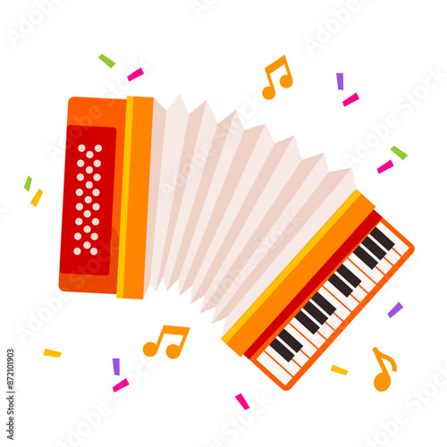Cartoon colorful accordion with confetti and mesical notes around.
