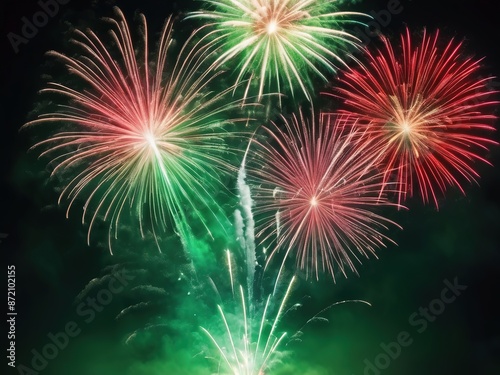 Fuegos artificiales con los colores de la bandera mexicana: verde, blanco y rojo.