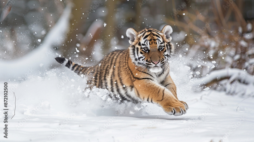 Obraz premium A siberian tiger cub running in the snow