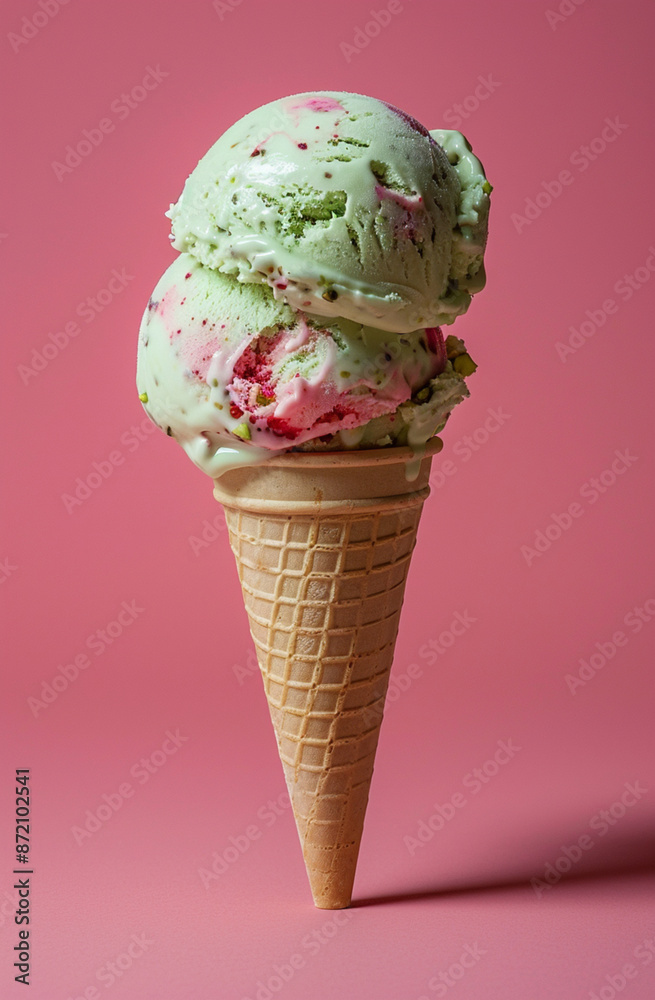 Delight in simplicity: hyper-realistic pistachio and strawberry ice cream on a simple background for a minimalist impact.