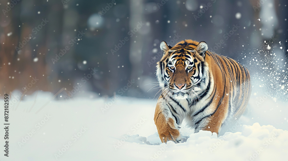 Obraz premium A siberian tiger running in the snow