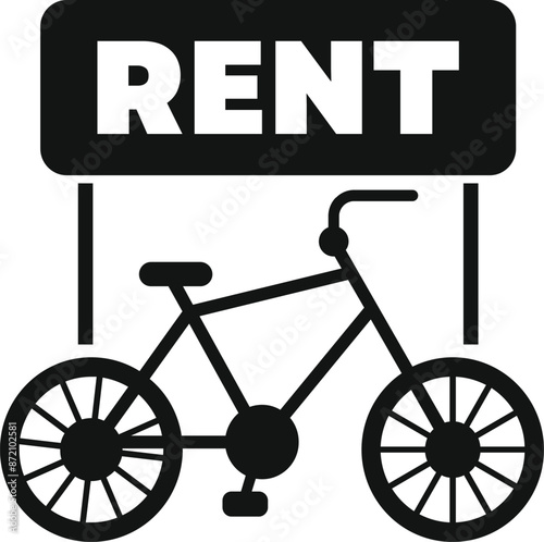 Black and white silhouette of a bicycle rental point with a bicycle parked under the sign