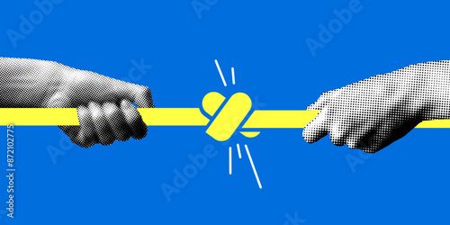 Modern collage with two hands tie a knot in a rope. Tug of war. Two hands pull on a rope with a knot in the middle. Strong connections concept. Successful business deal. Newspaper elements