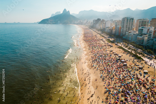 Crowded Ipanema Beach in Rio de Janeiro Aerial View on a Hot Sunny Day photo