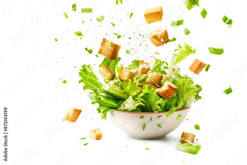 Fresh Caesar salad with flying croutons and greenery, isolated on a white background, highlighting its gourmet appeal