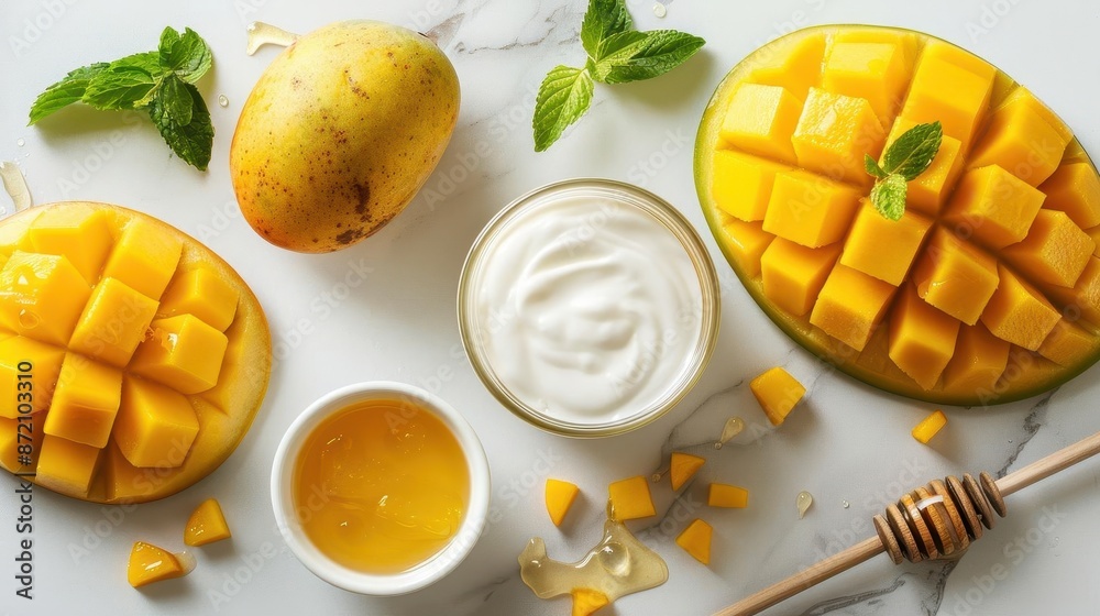 Fresh mango, yogurt, honey and mint leaves on white marble surface. Fresh mango, yogurt, honey and mint leaves on white marble surface.