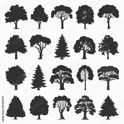 A collection of 20 distinct trees, each with its unique silhouette. These trees range from deciduous varieties with broad canopies to coniferous ones with needle-like leaves. They are positioned in a 