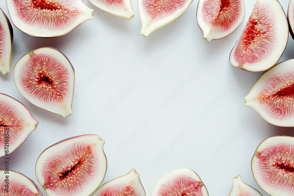 Fresh Halved Figs on White Background with Copy Space Fresh Halved Figs on White Background with Copy Space