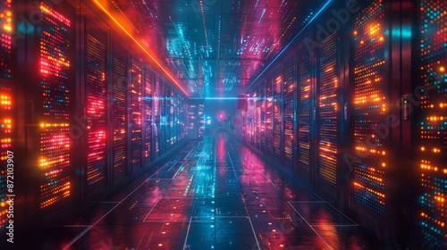 Futuristic Data Center with Vibrant Neon Lights - Generative AI © studio clever