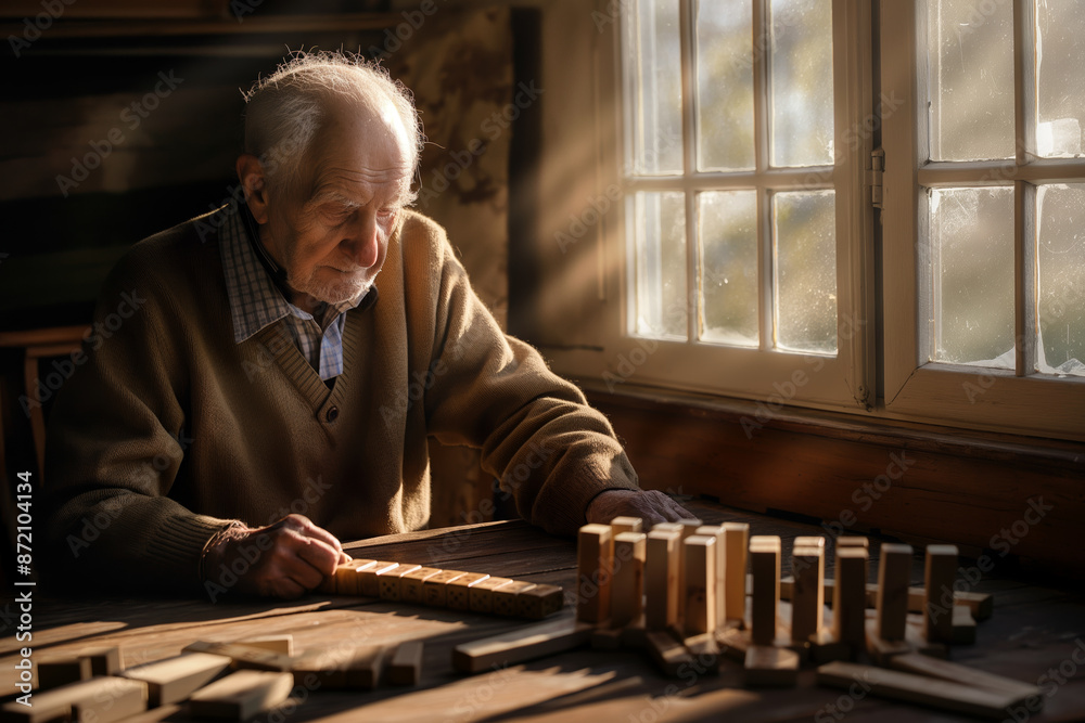 Elderly Man Engaged in Wooden Block Puzzle by Sunlit Window Elderly Man Engaged in Wooden Block Puzzle by Sunlit Window