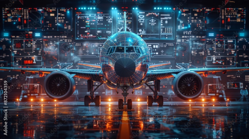 Fototapeta premium Futuristic Aircraft in a High-Tech Hangar - Generative AI