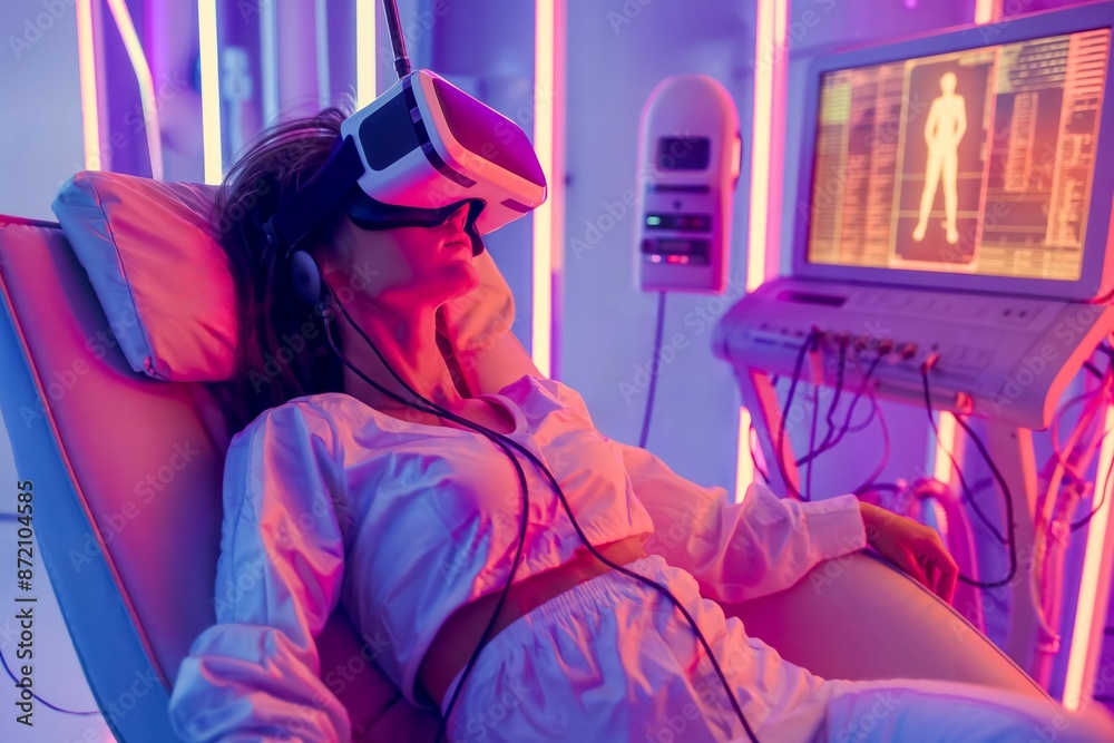 Obraz premium Woman in white outfit using VR headset in a futuristic room with neon lights and medical equipment