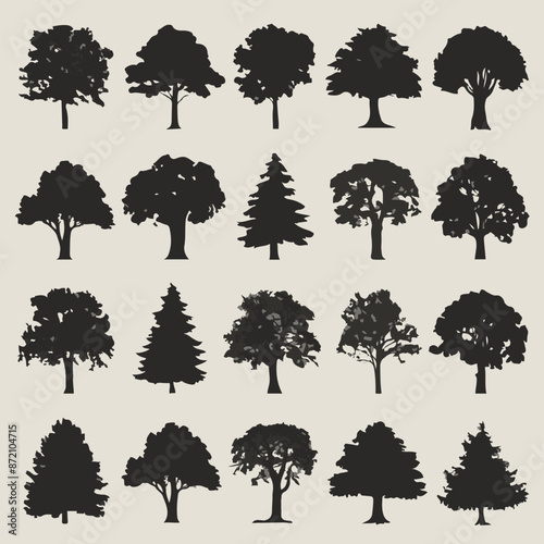 A collection of 20 distinct trees, each with its unique silhouette. These trees range from deciduous varieties with broad canopies to coniferous ones with needle-like leaves. 