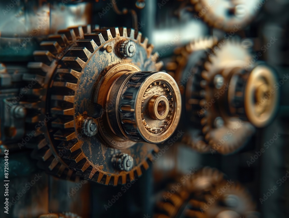 Detailed close-up of intricate machinery gears, industrial world, mechanical precision, Detailed close-up of intricate machinery gears, industrial world, mechanical precision,