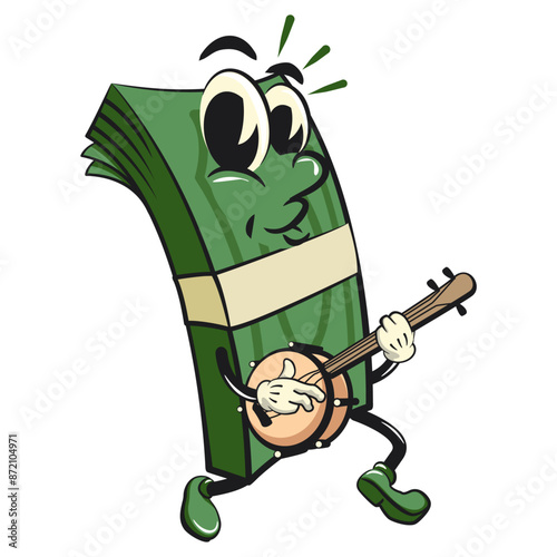 character of a bundle of cash money cartoon vector isolated clip art mascot illustration playing the banjo musical instrument, work of hand drawn