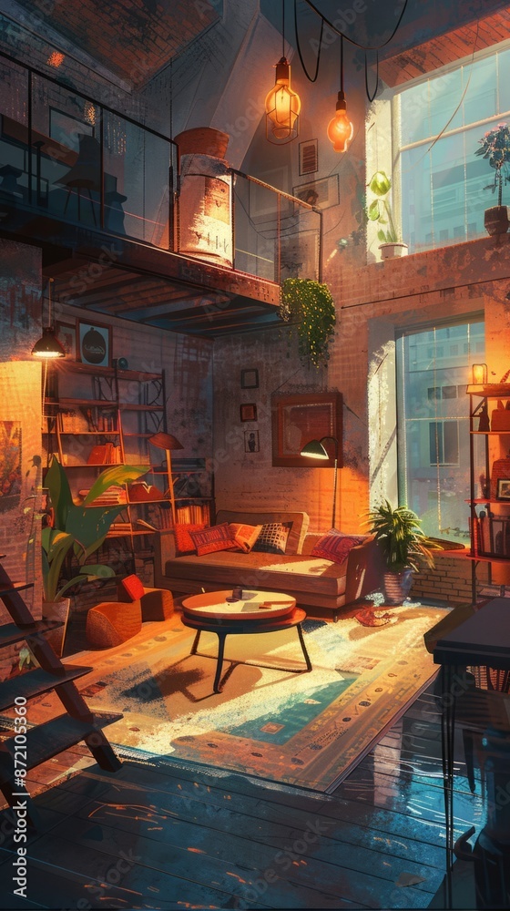 Naklejka premium In a co-living space, a cozy living room invites relaxation with shared amenities. Residents enjoy a harmonious blend of comfort and community in this inviting environment, non-ownership mentality