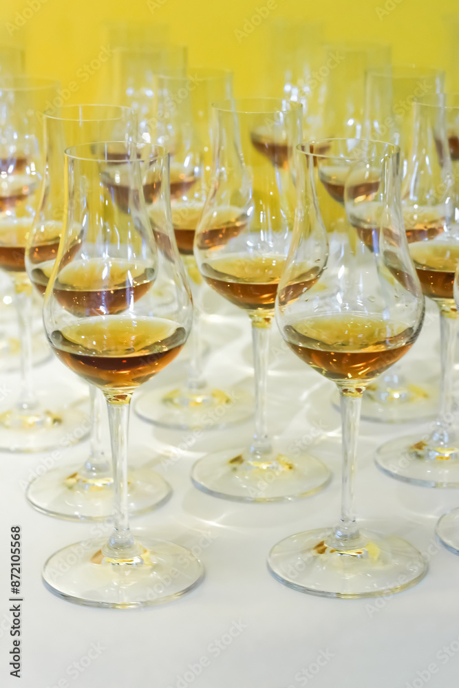 Organized Lineup of Scotch or Rum Glasses on Table Organized Lineup of Scotch or Rum Glasses on Table