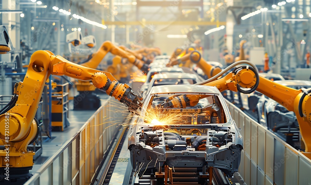 Industrial Robots Assembling a Car on an Assembly Line Industrial Robots Assembling a Car on an Assembly Line